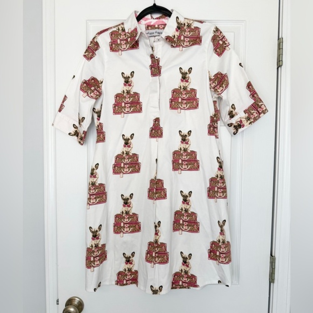 Dizzy Lizzie Size S • White Frenchie Dog Printed Shift Knee Length Dress.